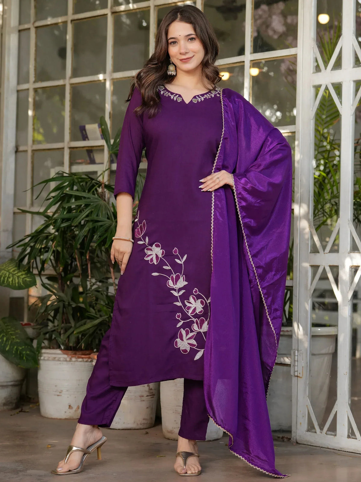Purple embroidered salwar kameez with floral design and matching dupatta, stylish Indian ethnic wear