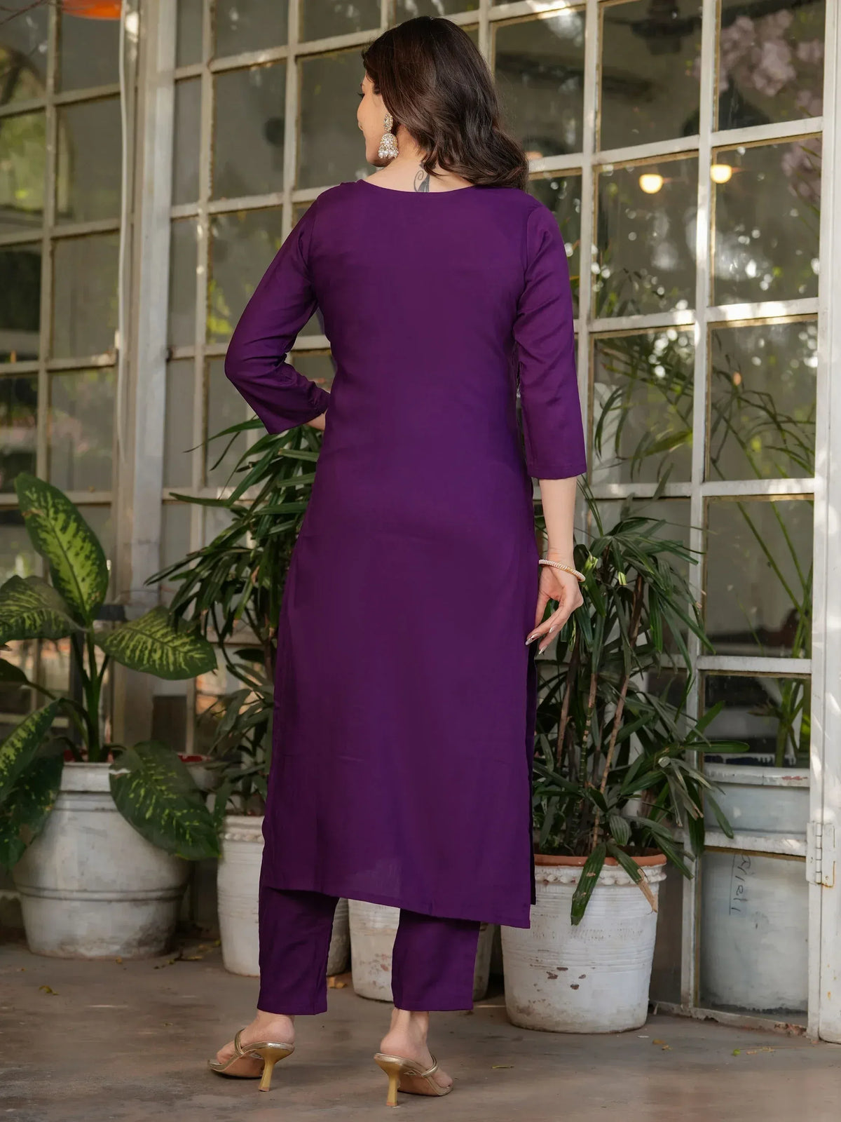 Purple ethnic kurta with matching pants, stylish Indian wear for women