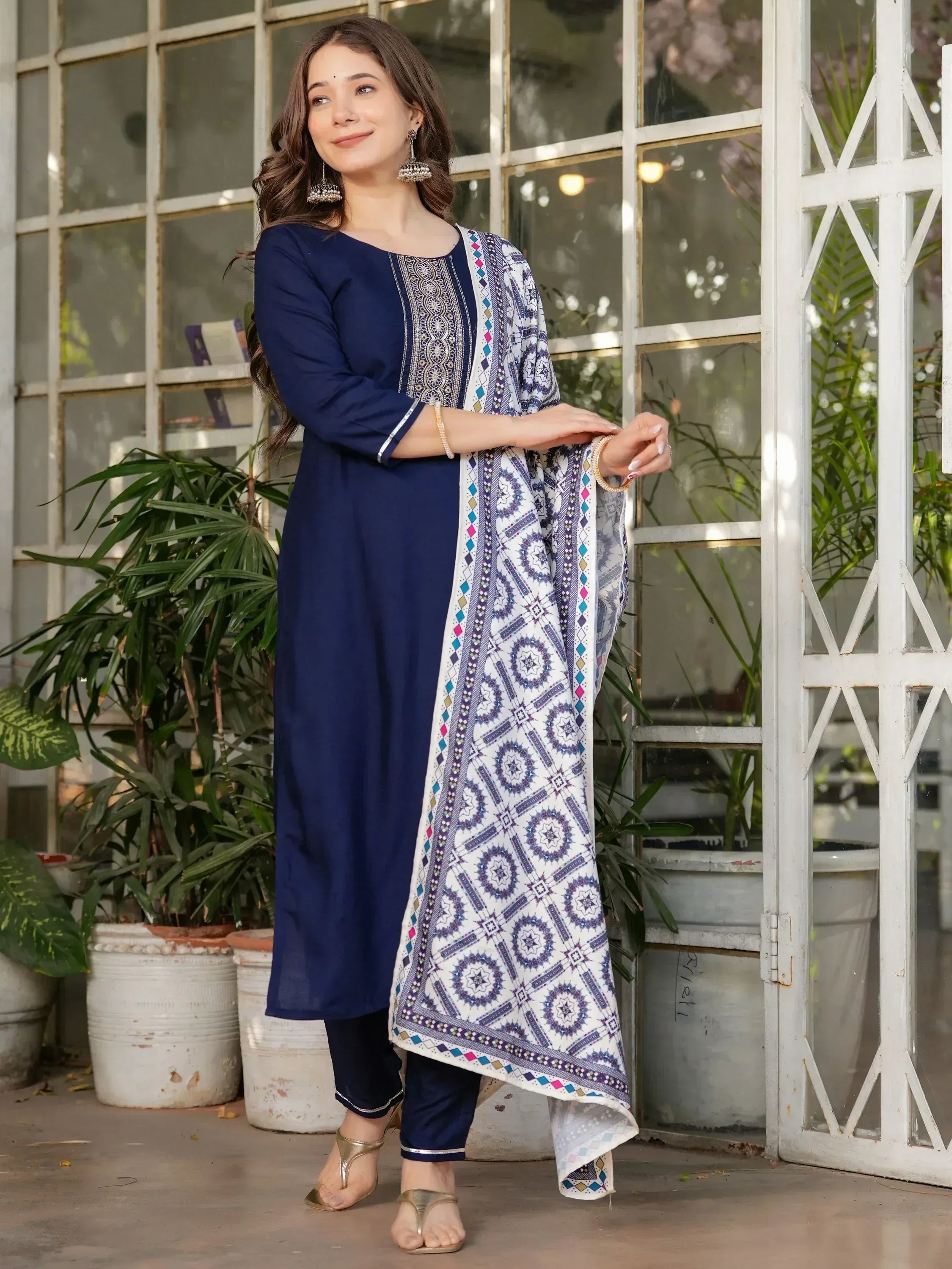 Navy blue embroidered kurta with printed dupatta, ethnic wear for women