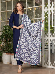 Precious Navy Blue Sequins Rayon Event Wear Pant Suit With Dupatta