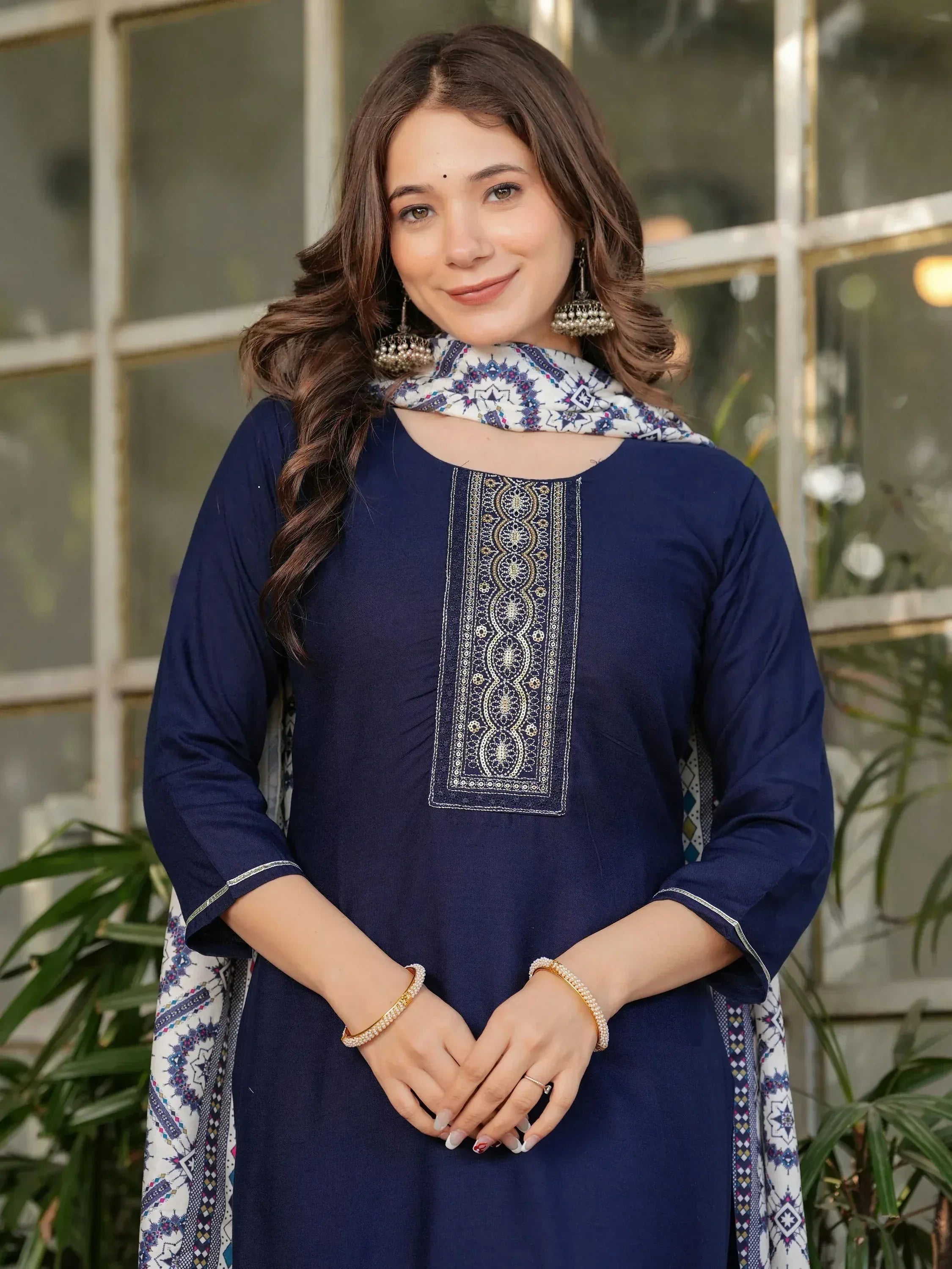 Navy blue embroidered kurta with printed dupatta, ethnic wear for women