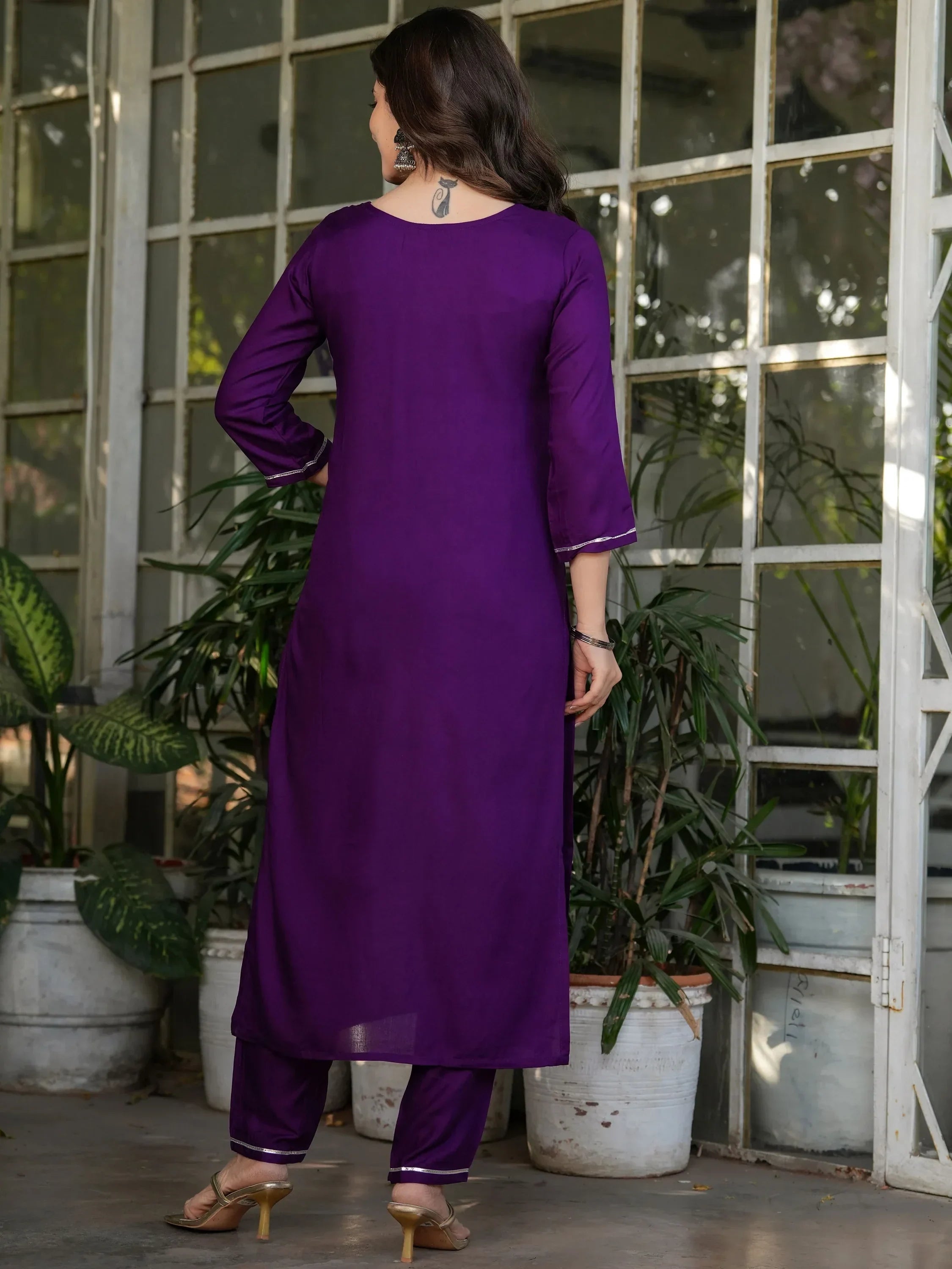 Attractive Wine Sequins Rayon Traditional Pant Suit With Dupatta