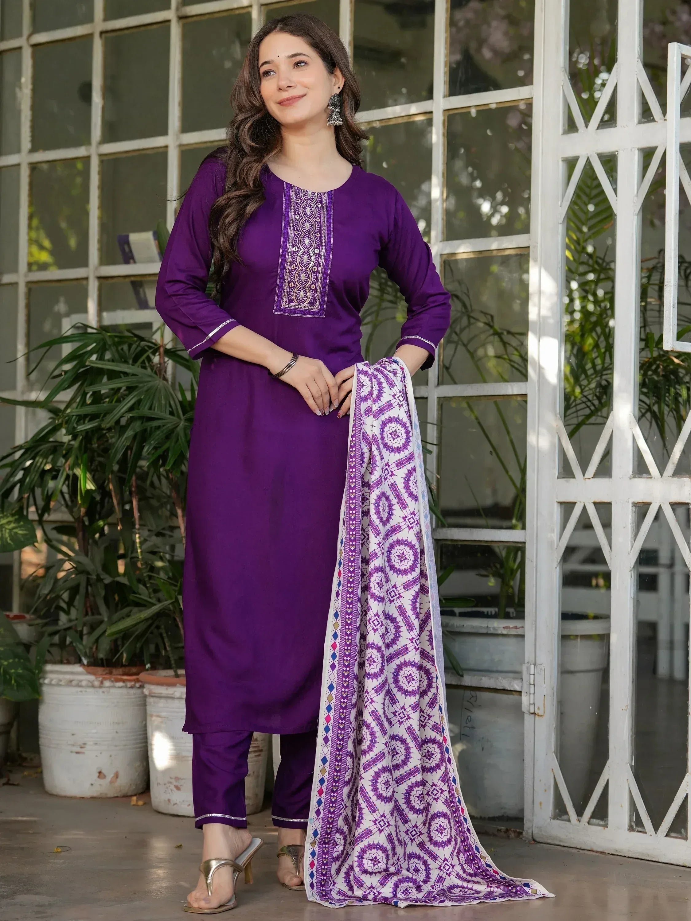 Purple embroidered kurta with matching pants and printed dupatta, Indian ethnic wear