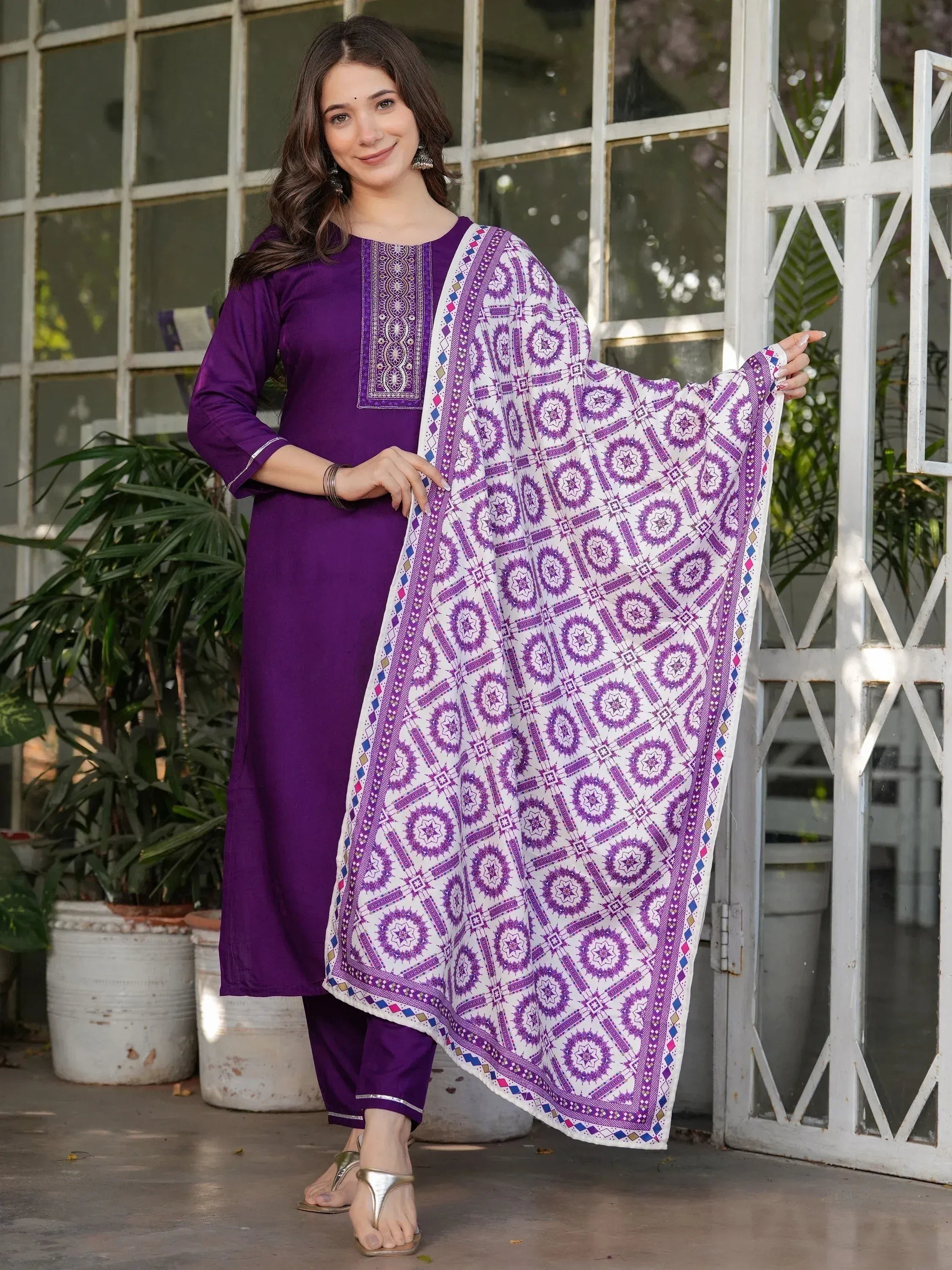 Purple embroidered kurta with printed dupatta, Indian ethnic wear for women