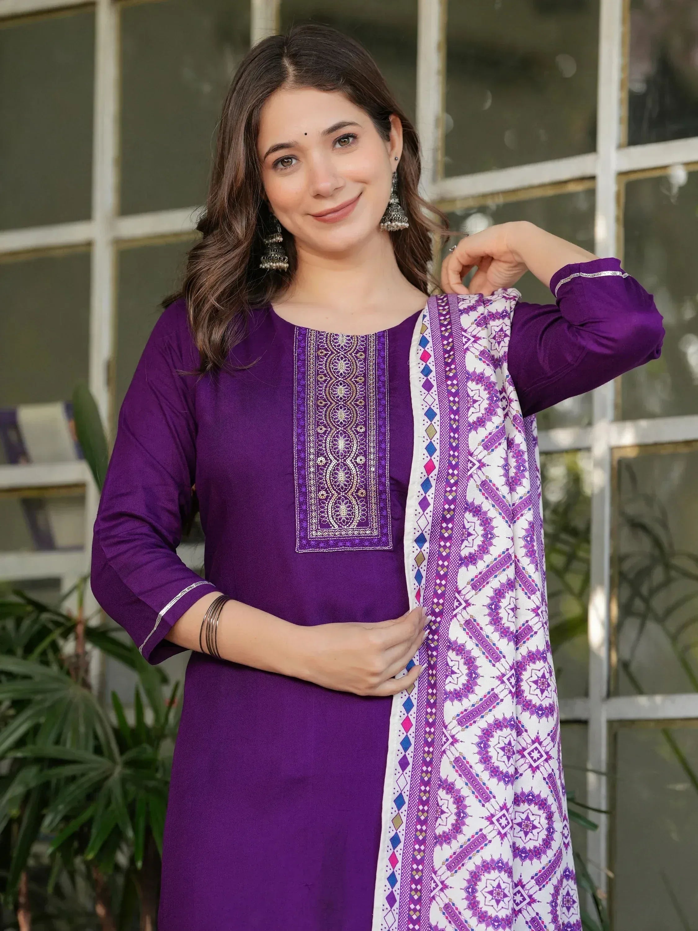 Purple embroidered kurti with printed dupatta, Indian ethnic wear for women
