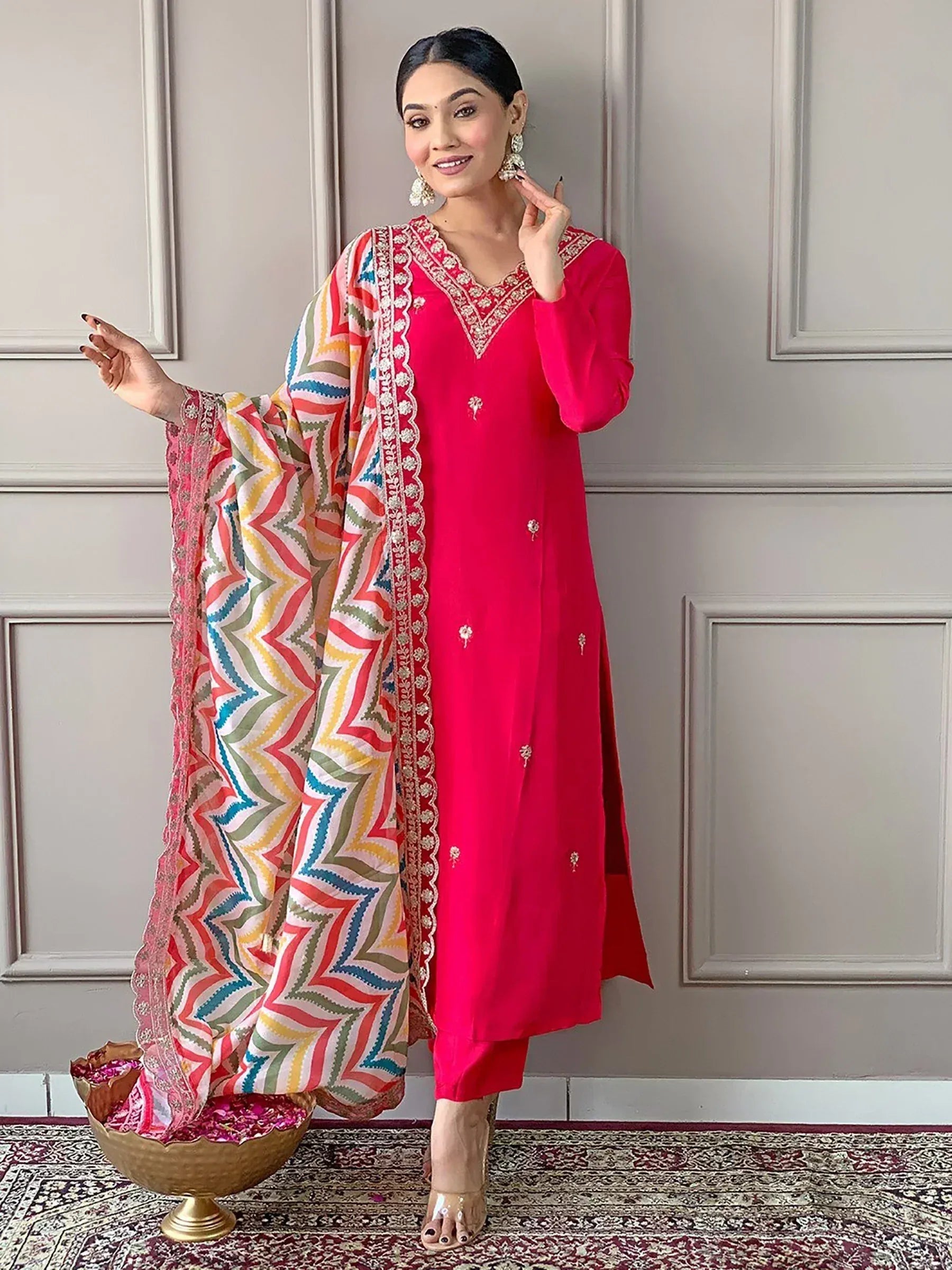 Vibrant pink embroidered kurta with colorful printed dupatta, ethnic Indian wear for women