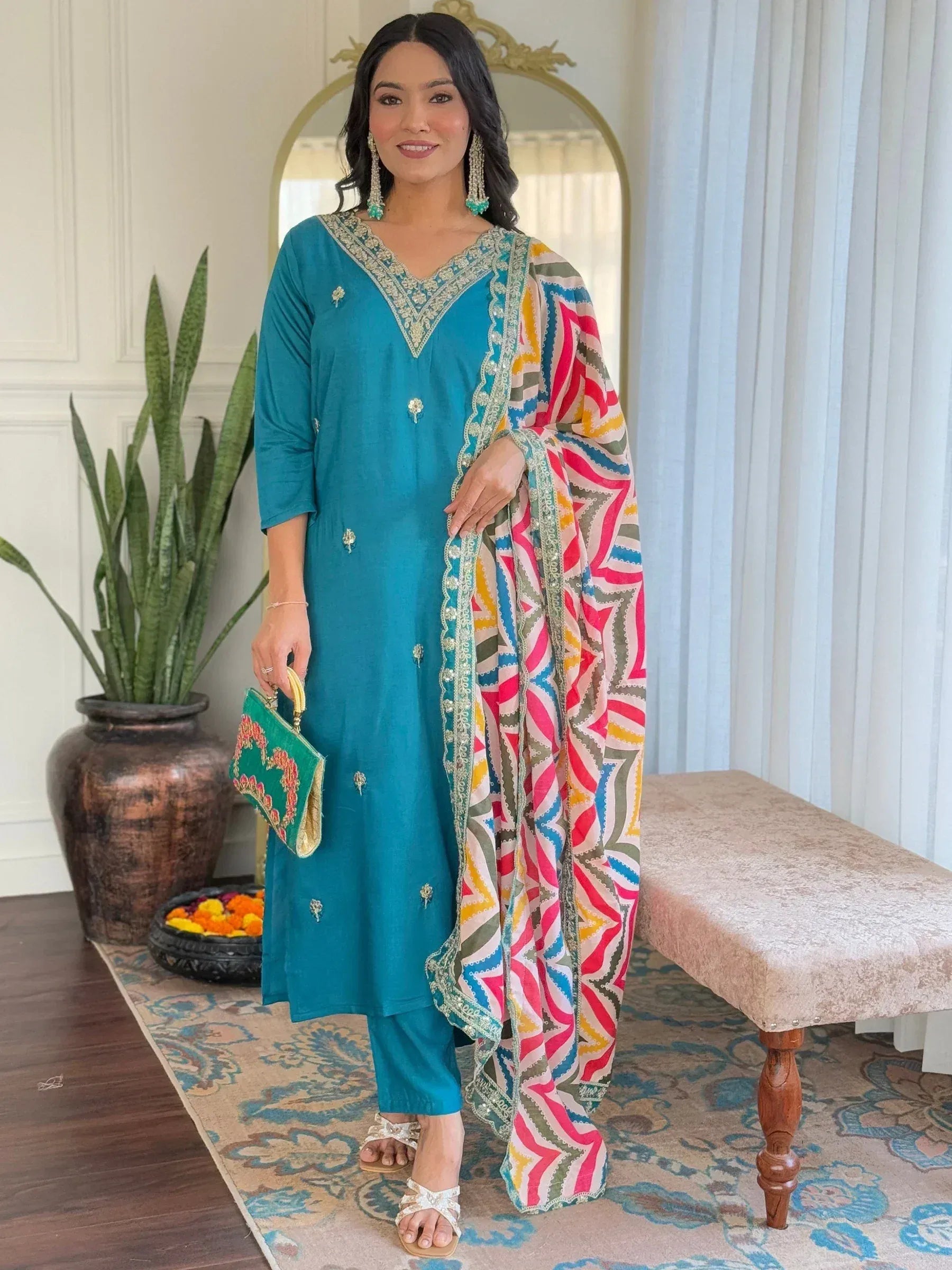 Teal embroidered kurta with colorful printed dupatta, Indian ethnic wear for women