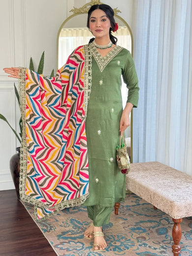 Enchanting Pista Green Embroidered Viscose Traditional Pant Suit