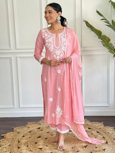 Glamorous Pink Embroidered Cotton Pant Suit With Dupatta