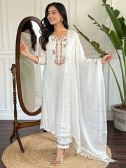 Marvelous White Embroidered Viscose Event Wear Pant Suit