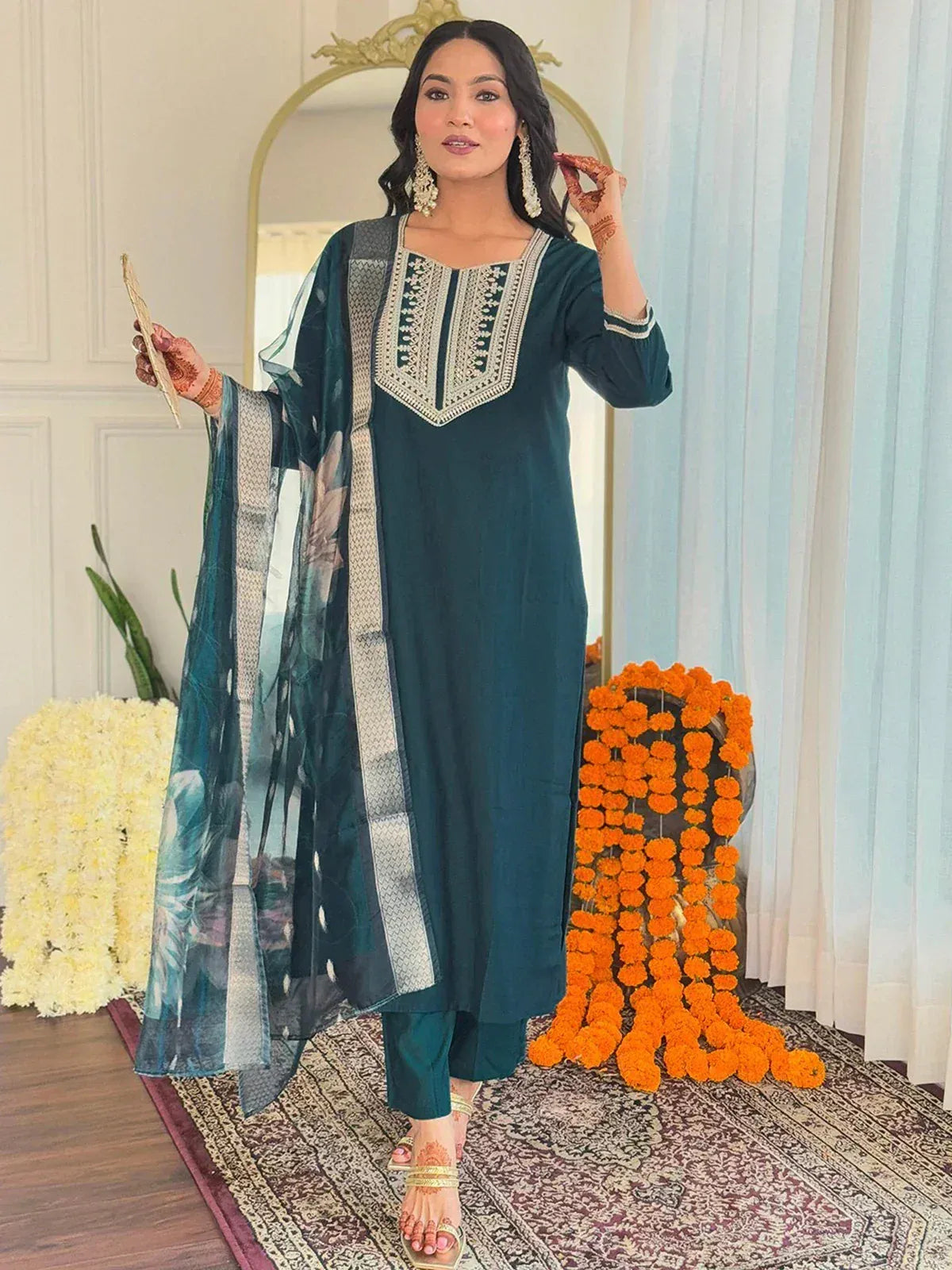 Teal embroidered kurta with floral dupatta, ethnic wear for women, perfect for festive occasions