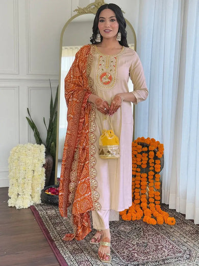 Dazzling Beige Embroidered Viscose Event Wear Pant Suit With Dupatta
