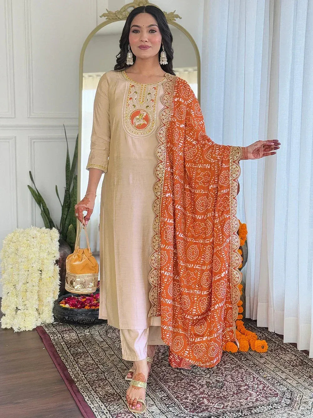 Beige embroidered kurta with orange printed dupatta, ethnic Indian wear for women