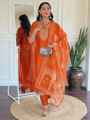 Stunning Orange Embroidered Viscose Traditional Pant Suit With Dupatta