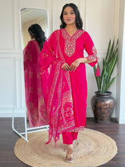 Pretty Pink Embroidered Viscose Festival Wear Pant Suit With Dupatta