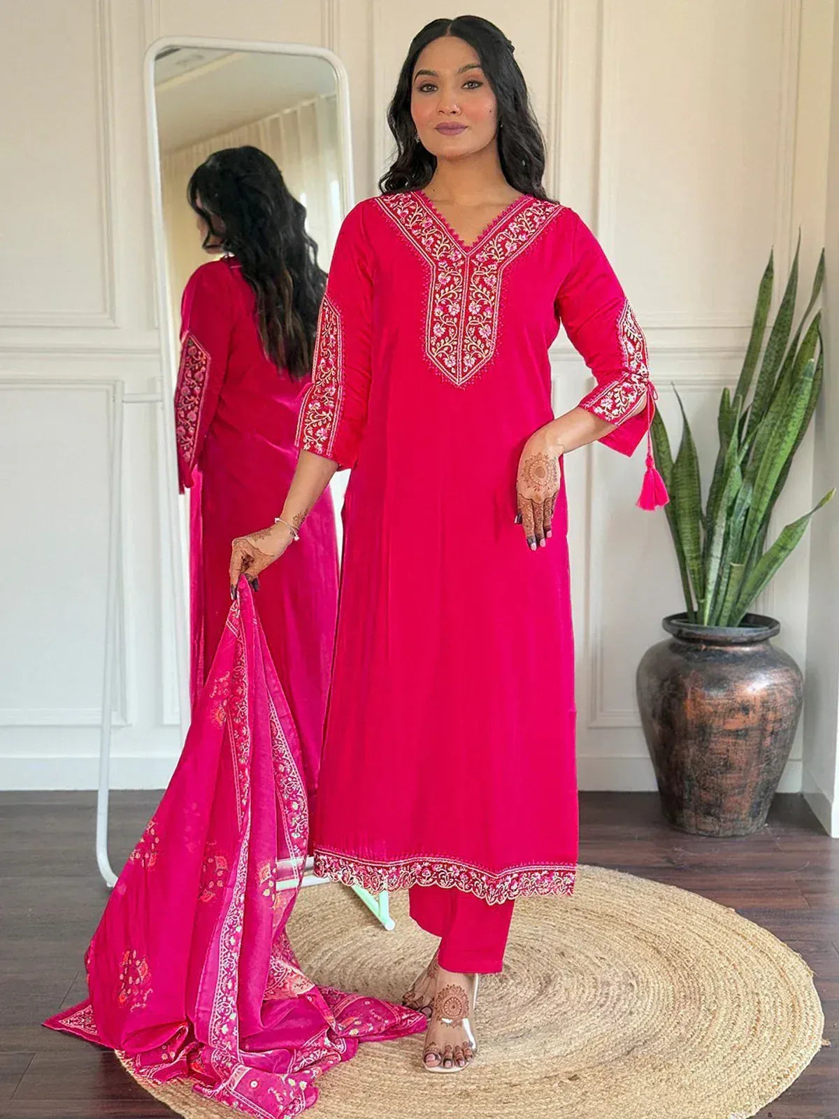 Pink embroidered kurta with matching palazzo and dupatta, Indian ethnic wear for women