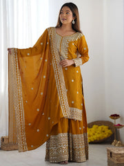 Gorgeous Mustard Yellow Embroidered Chinon Designer Sharara Suit