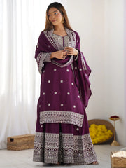 Stunning Purple Thread Work Chinon Wedding Wear Sharara Suit
