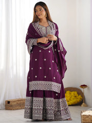 Stunning Purple Thread Work Chinon Wedding Wear Sharara Suit