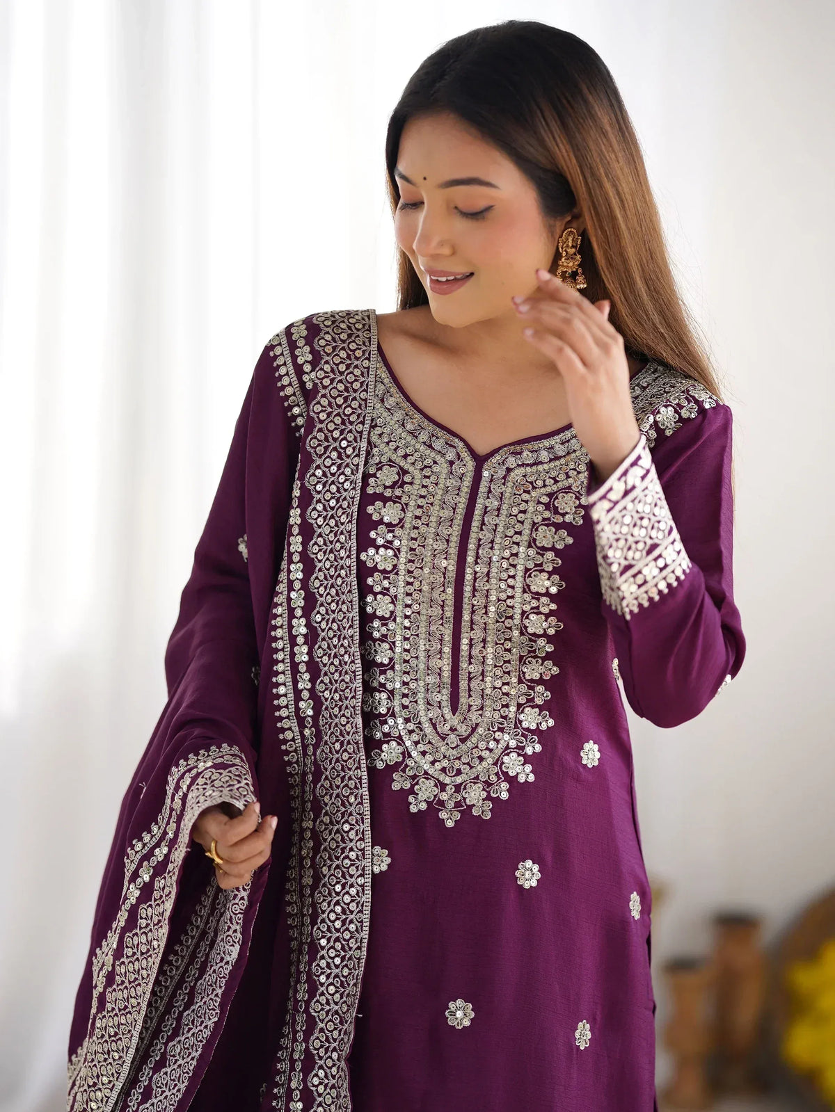 Purple ethnic kurti with silver embroidery and mirror work, perfect for Indian festive wear