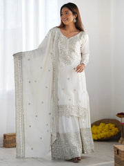 Spectacular White Sequins Chinon Eid Special Sharara Suit With Dupatta