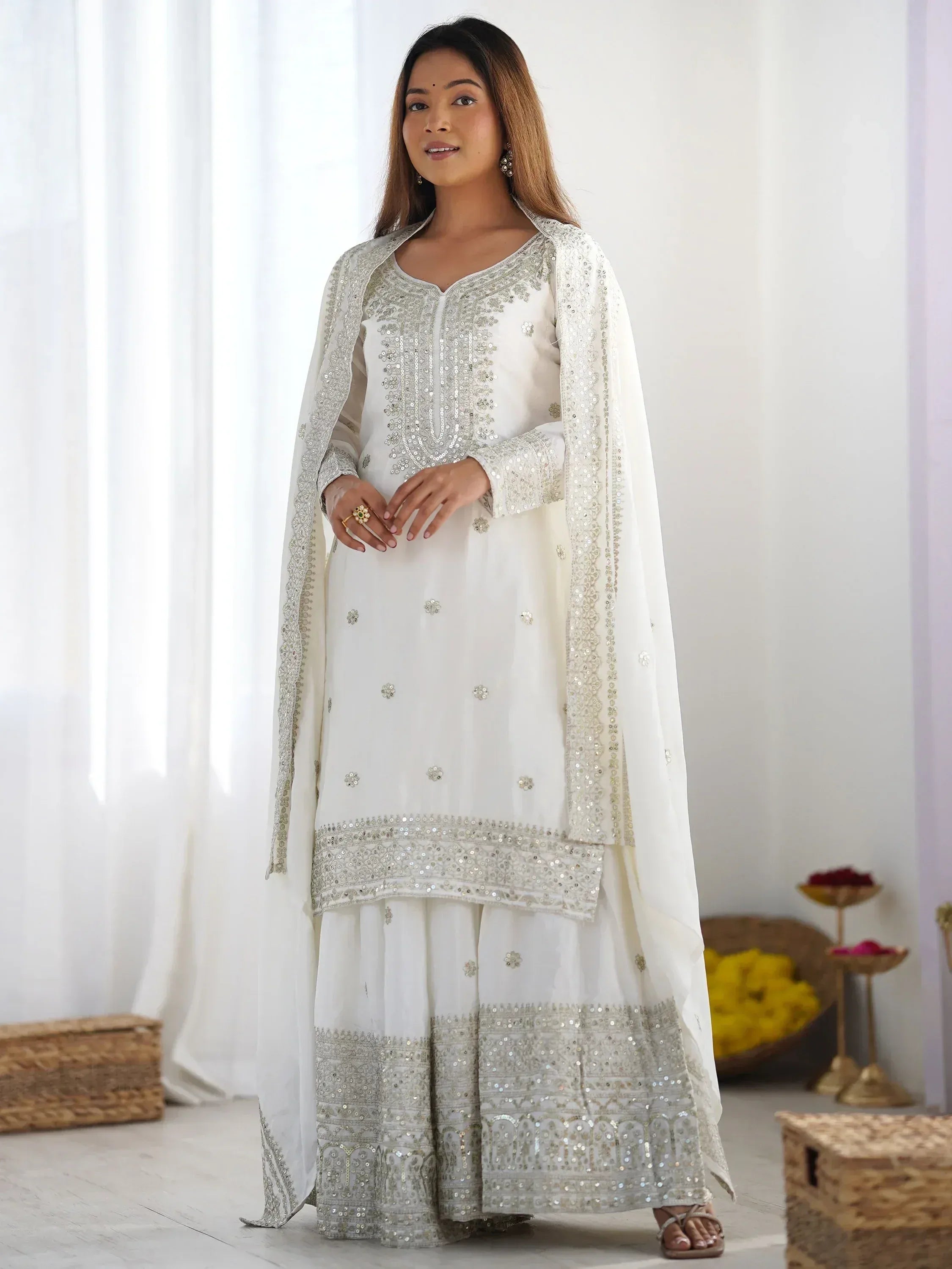 White embroidered salwar kameez with sequin work and dupatta, Indian ethnic wear for women