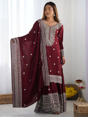 Dazzling Maroon Sequins Chinon Festival Wear Sharara Suit With Dupatta
