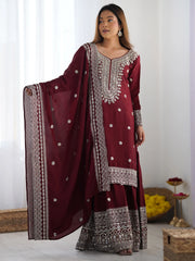 Dazzling Maroon Sequins Chinon Festival Wear Sharara Suit With Dupatta