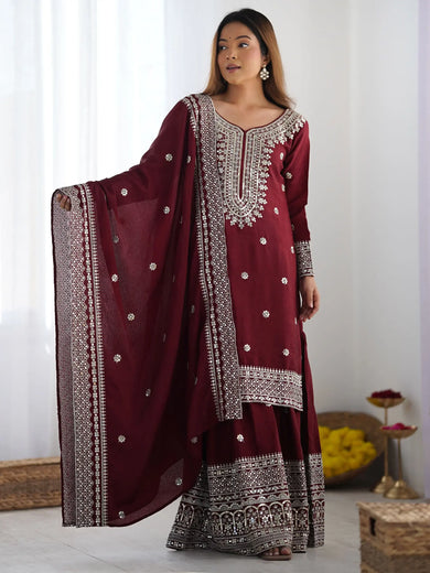 Dazzling Maroon Sequins Chinon Festival Wear Sharara Suit With Dupatta