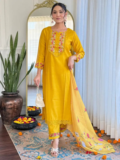 Astonishing Yellow Floral Embroidered Silk Pant Suit With Dupatta