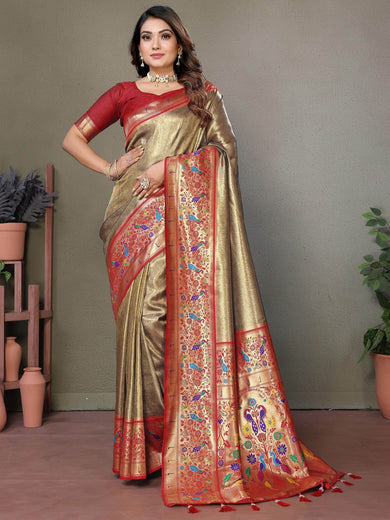 Wonderful Brown Zari Weaving Banarasi Silk Paithani Saree