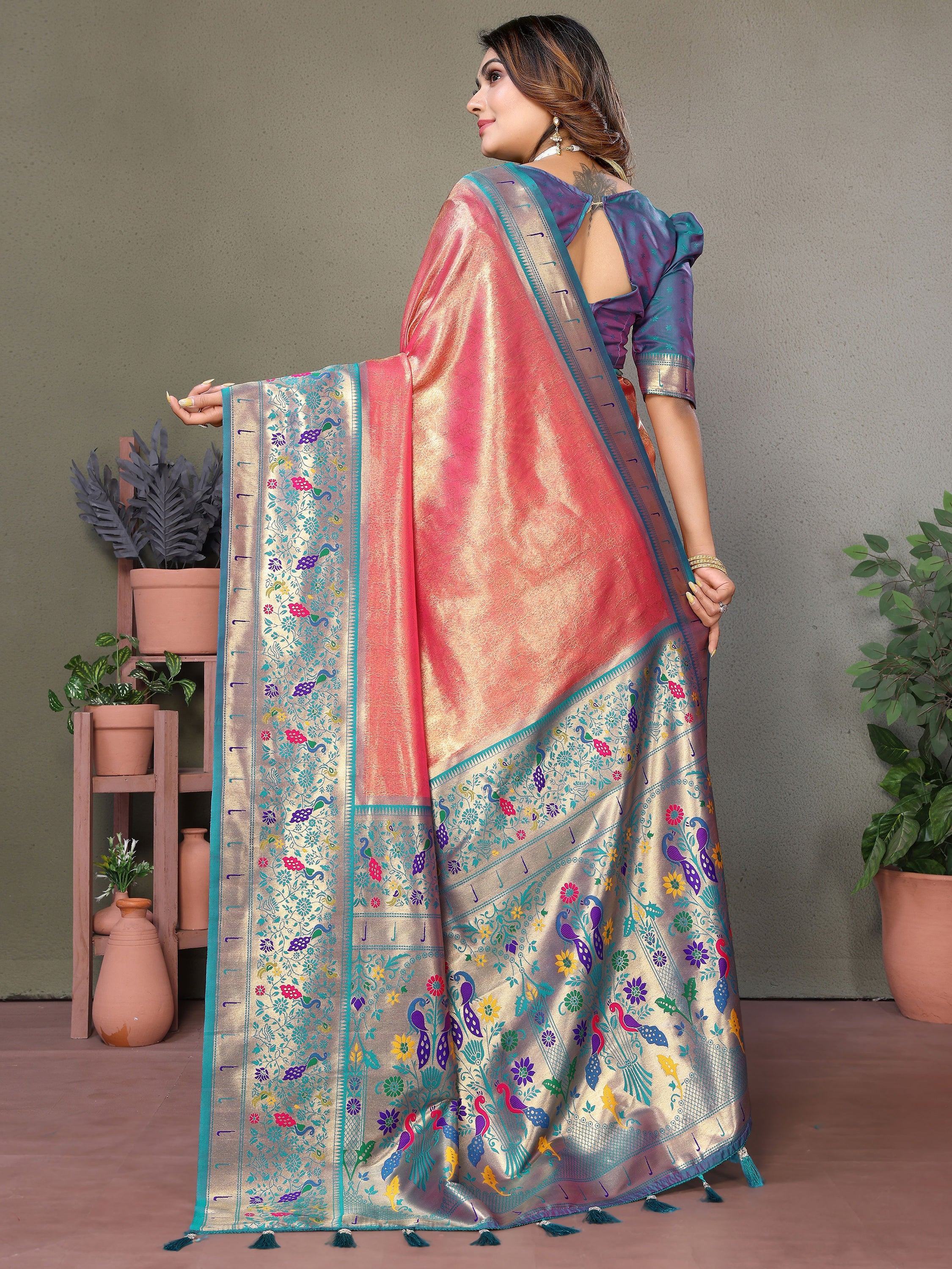 Beautiful Coral Red Zari Weaving Banarasi Silk Paithani Saree With Blouse