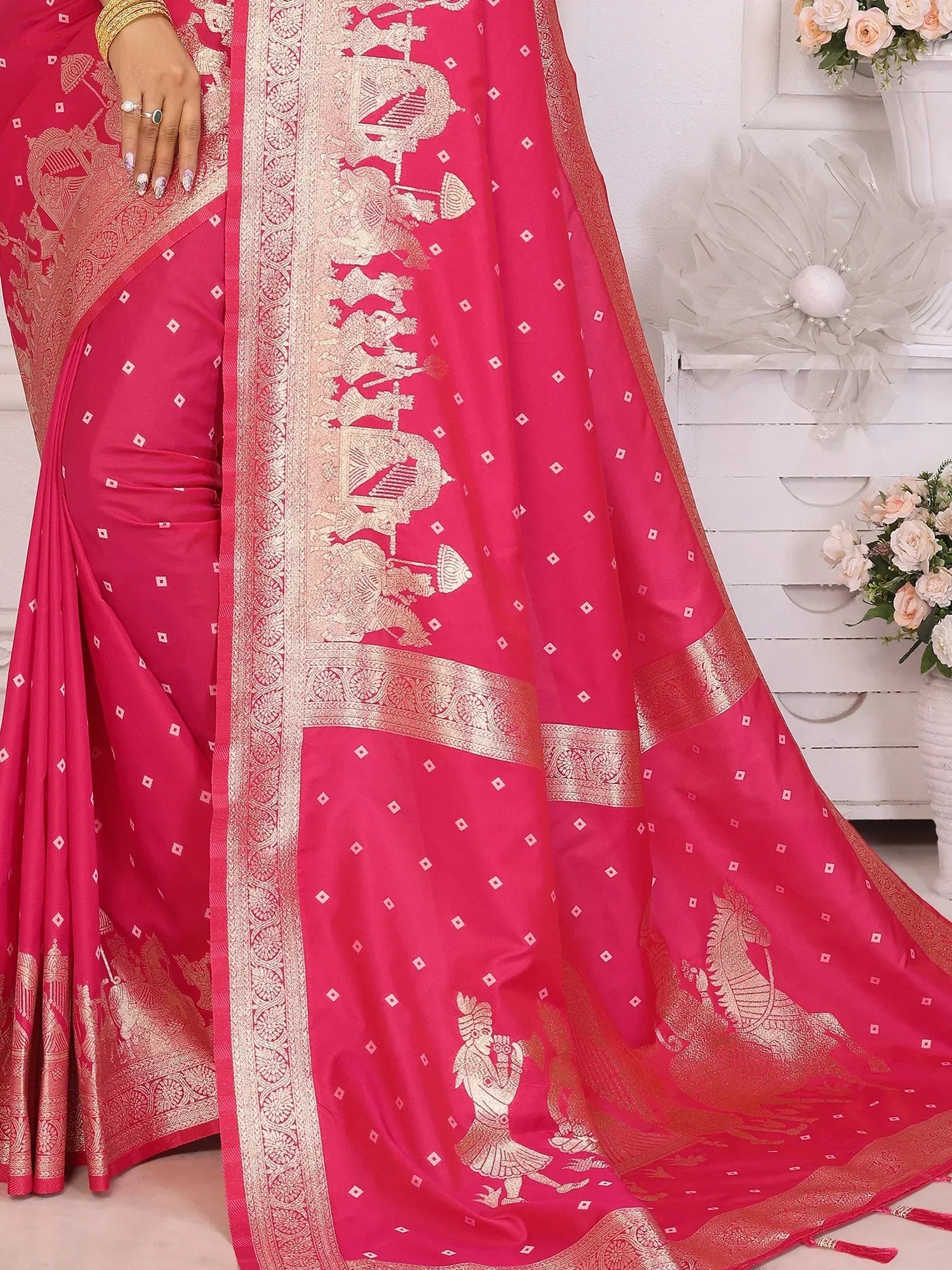 Pink saree with gold embroidery and traditional motifs, perfect for Indian ethnic wear