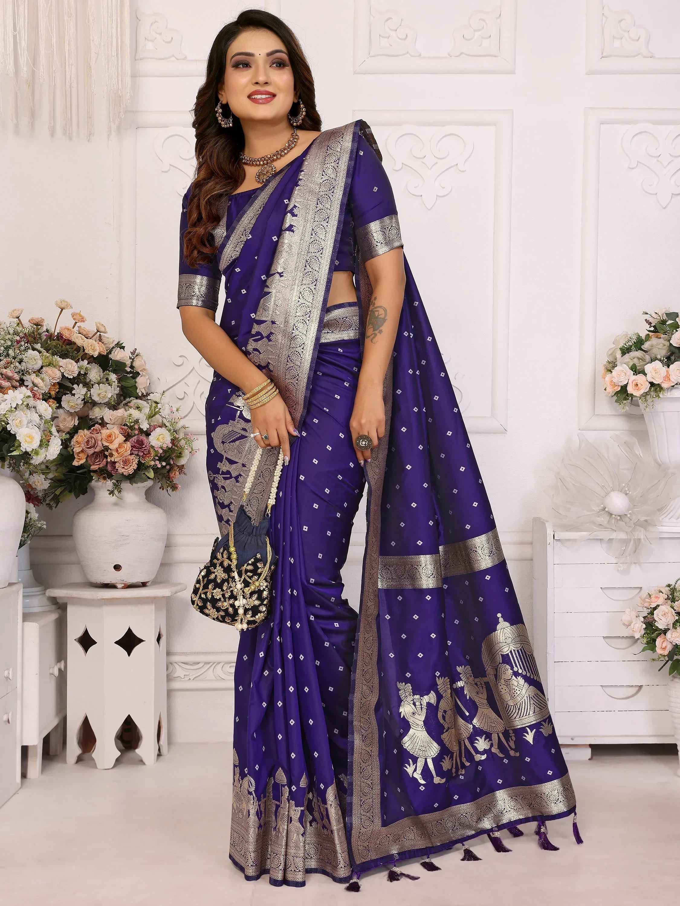 Spectacular Violet Zari Weaving Kochi Silk Wedding Saree With Blouse