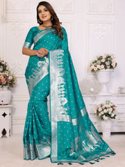 Dazzling Teal Green Zari Weaving Kochi Silk Festival Wear Saree