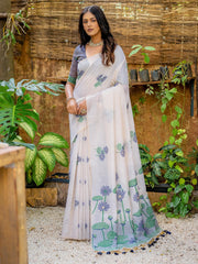Stunning Off-White Floral Weaving Cotton Saree With Grey Blouse