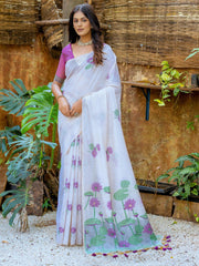 Glamorous Off-White Floral Weaving Cotton Saree With Purple Blouse