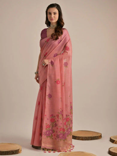 Bewitching Pink Floral Weaving Cotton Festival Wear Saree With Blouse