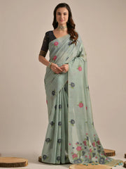 Gorgeous Grey Floral Weaving Cotton Traditional Saree With Blouse