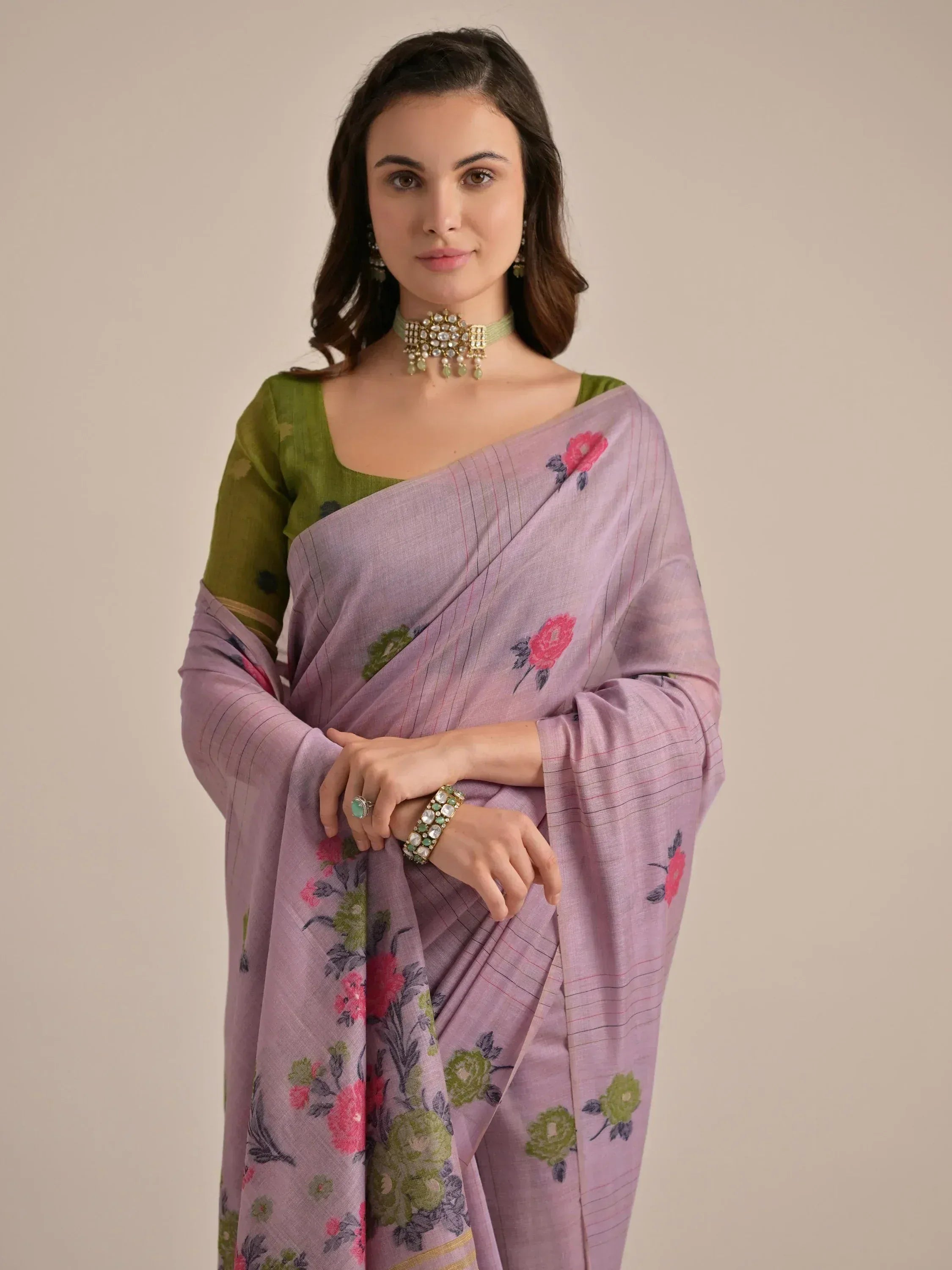 Purple floral saree with green blouse, ethnic Indian wear