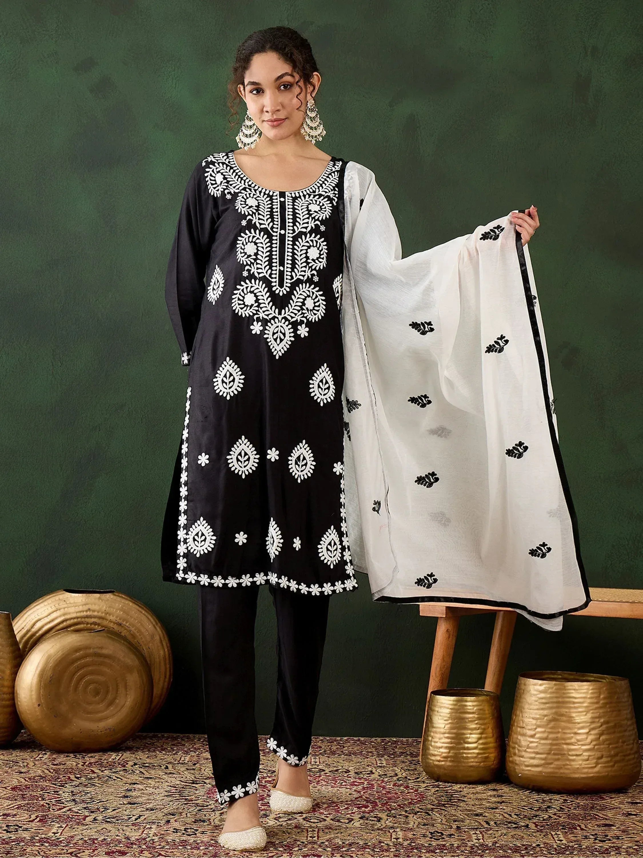 Black and white embroidered salwar kameez with floral motifs and matching dupatta, ethnic Indian wear