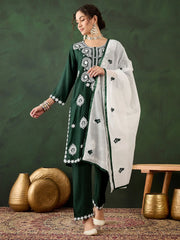 Lovable Green Embroidery Work Rayon Festival Wear Pant Suit With Dupatta