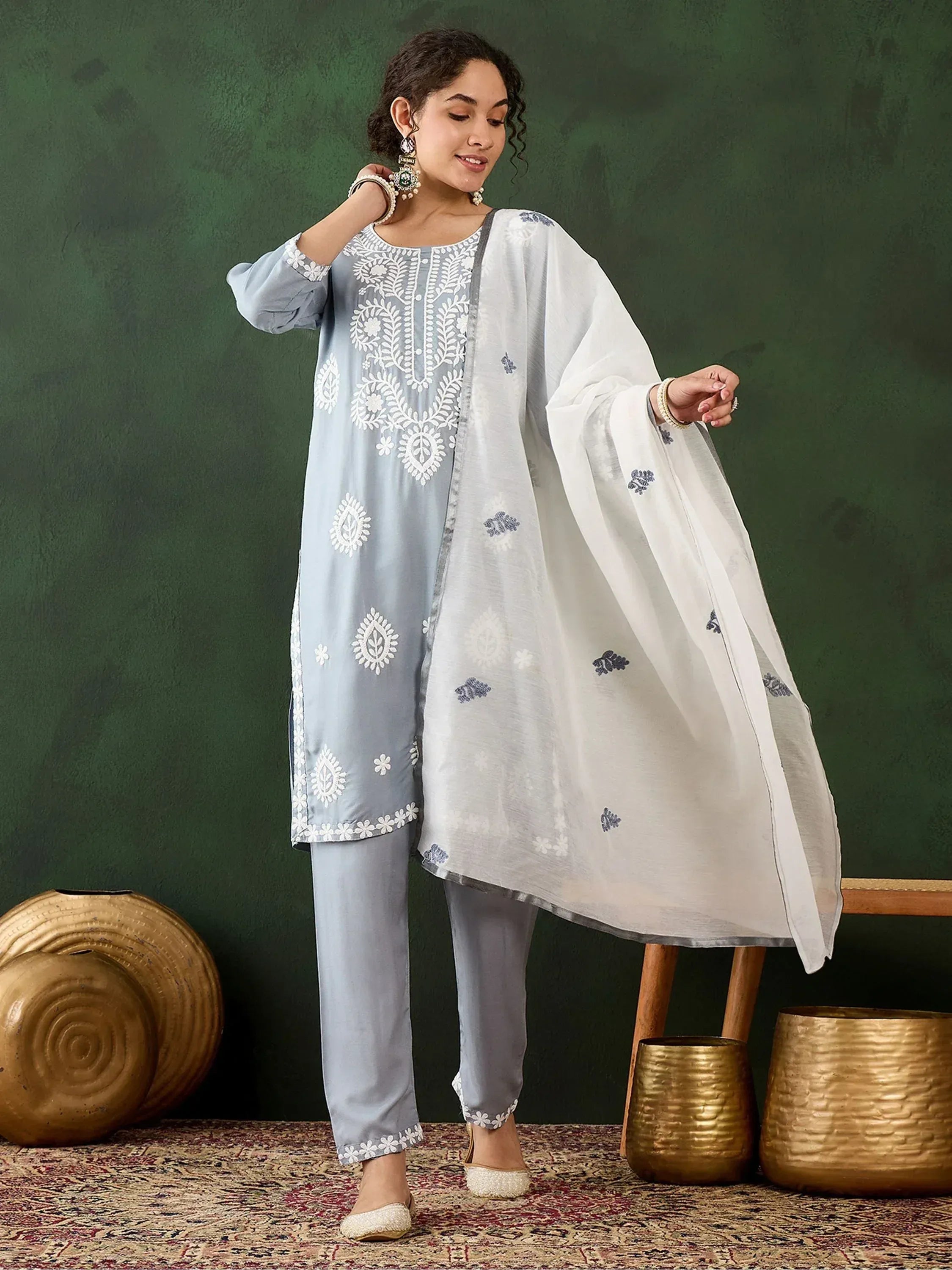Light blue embroidered salwar kameez with white dupatta, ethnic Indian wear for women