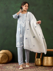 Adorable Powder Blue Rayon Event Wear Pant Suit With Dupatta
