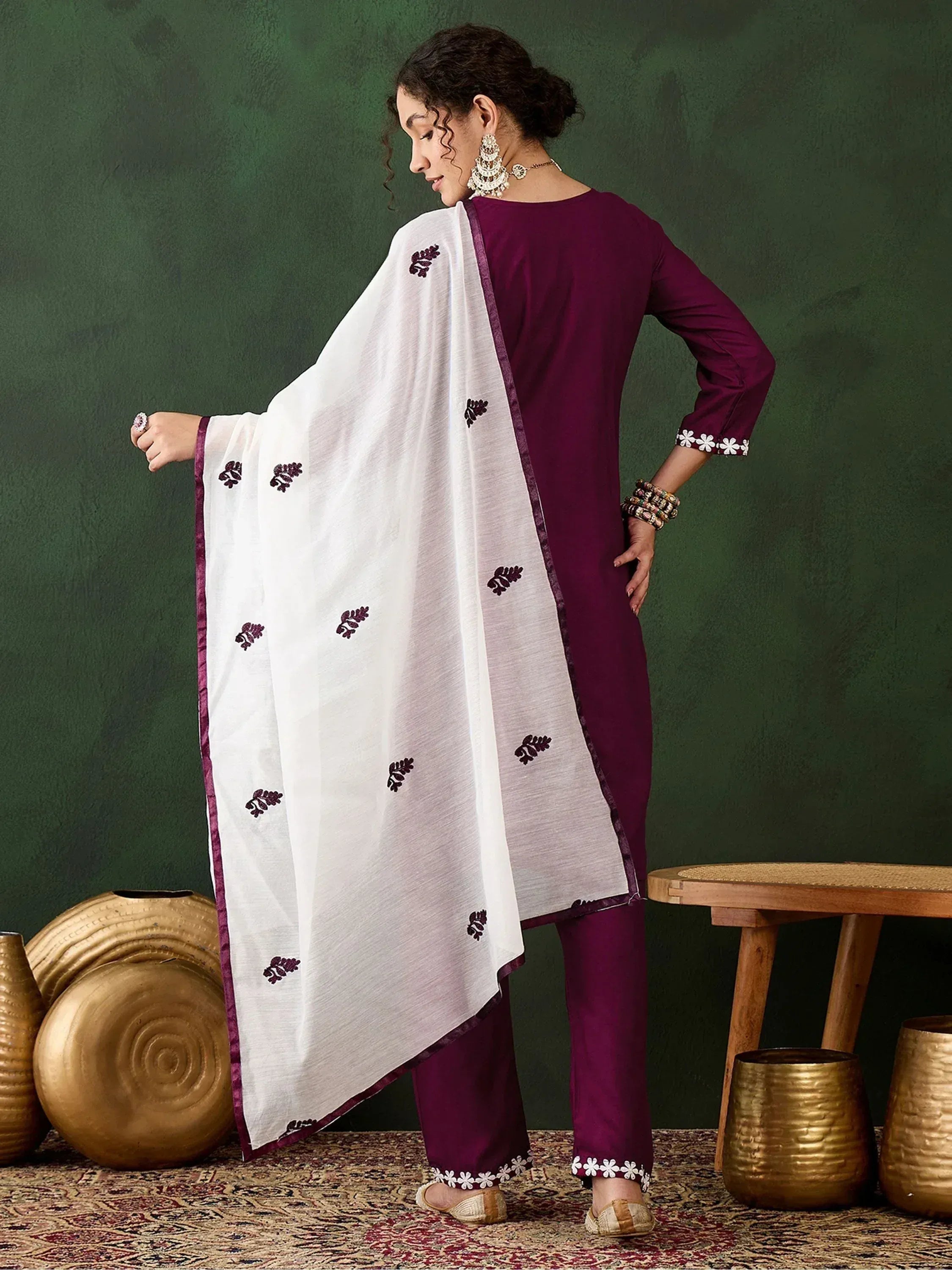 Purple salwar kameez with white embroidered dupatta, ethnic Indian wear for women
