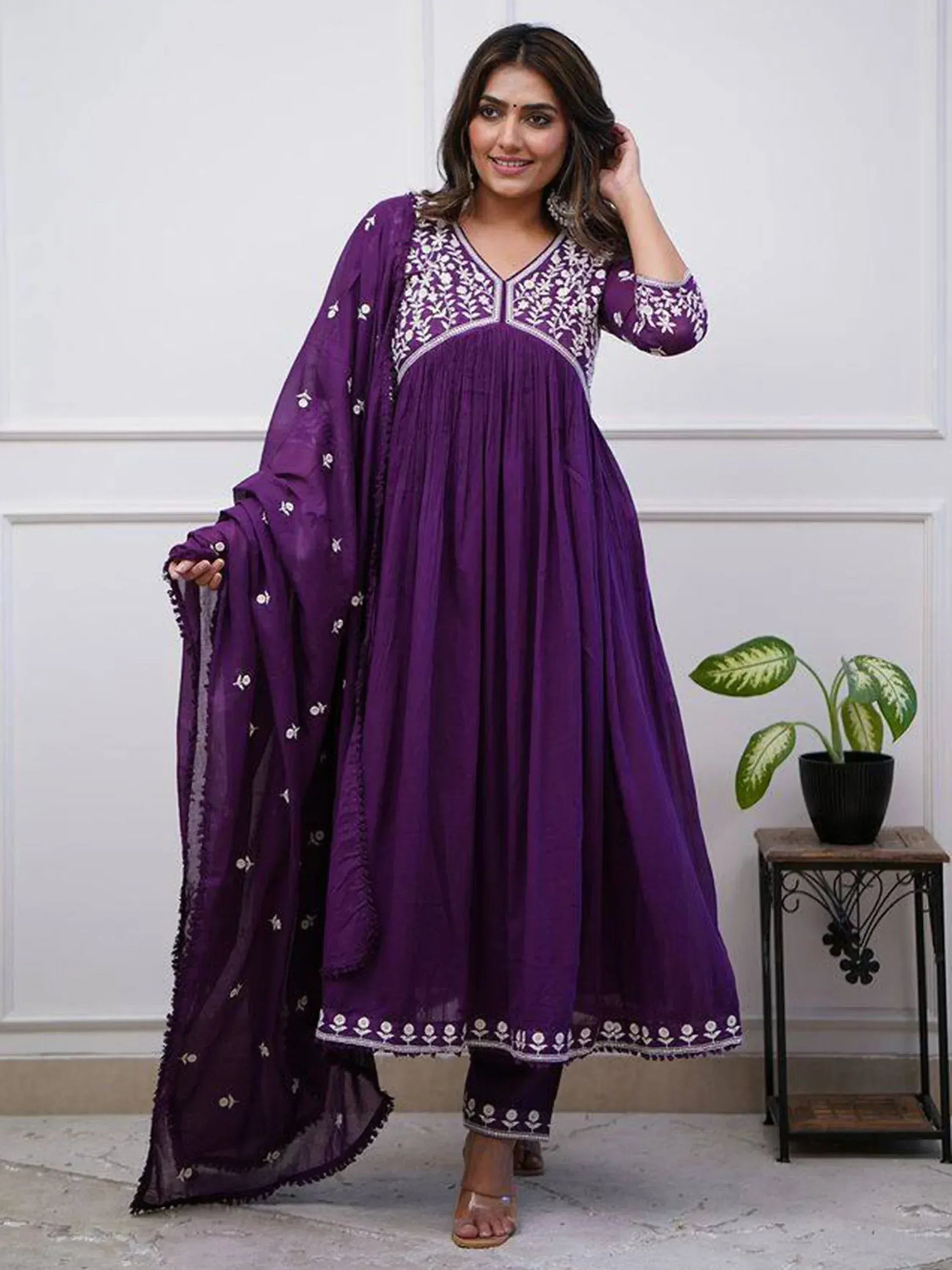Purple embroidered anarkali suit with matching dupatta, Indian ethnic wear for women