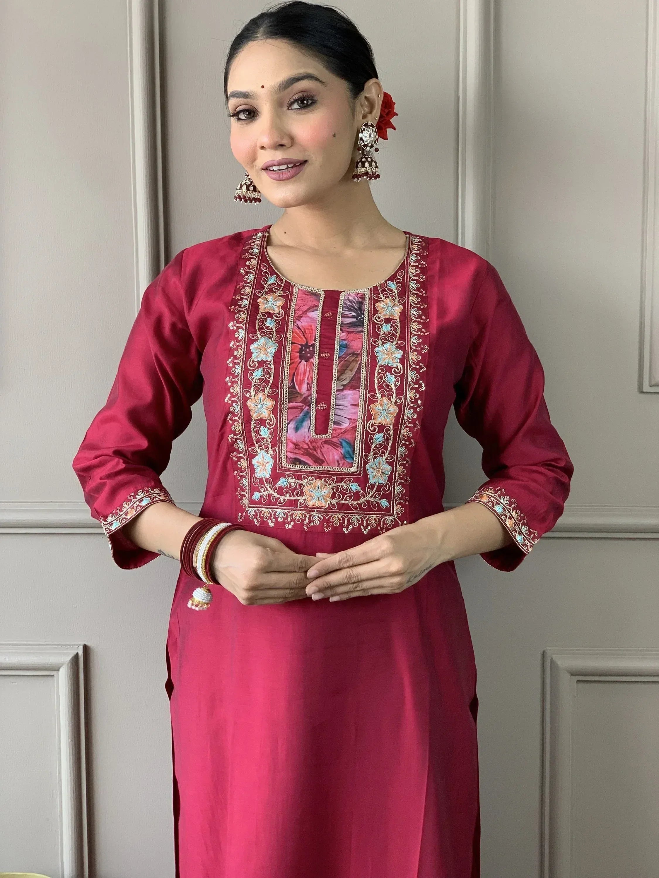 Maroon ethnic kurta with floral embroidery, perfect for Indian occasions and festive wear.