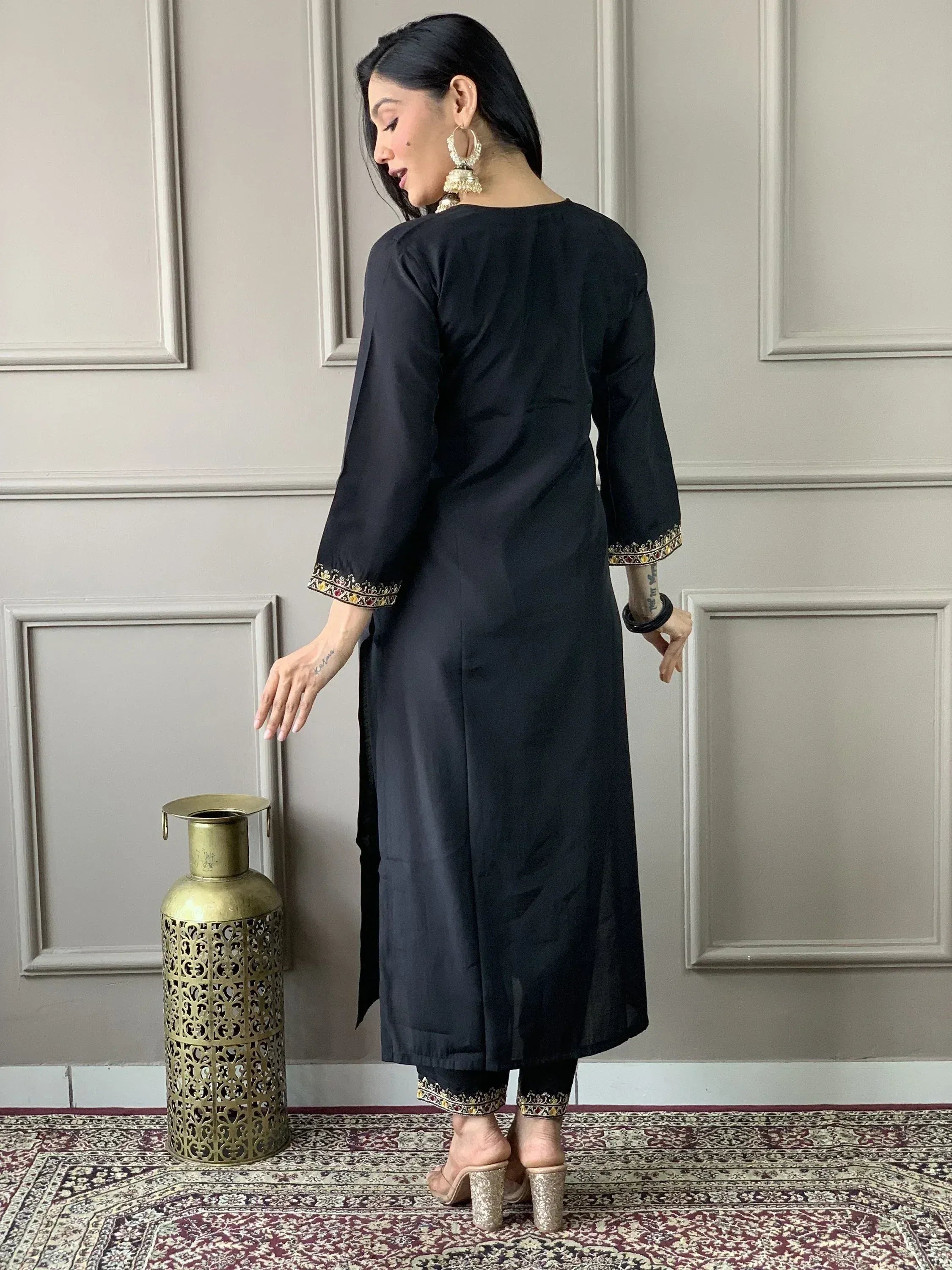 Black embroidered kurta with matching pants, ethnic wear for women, stylish Indian outfit