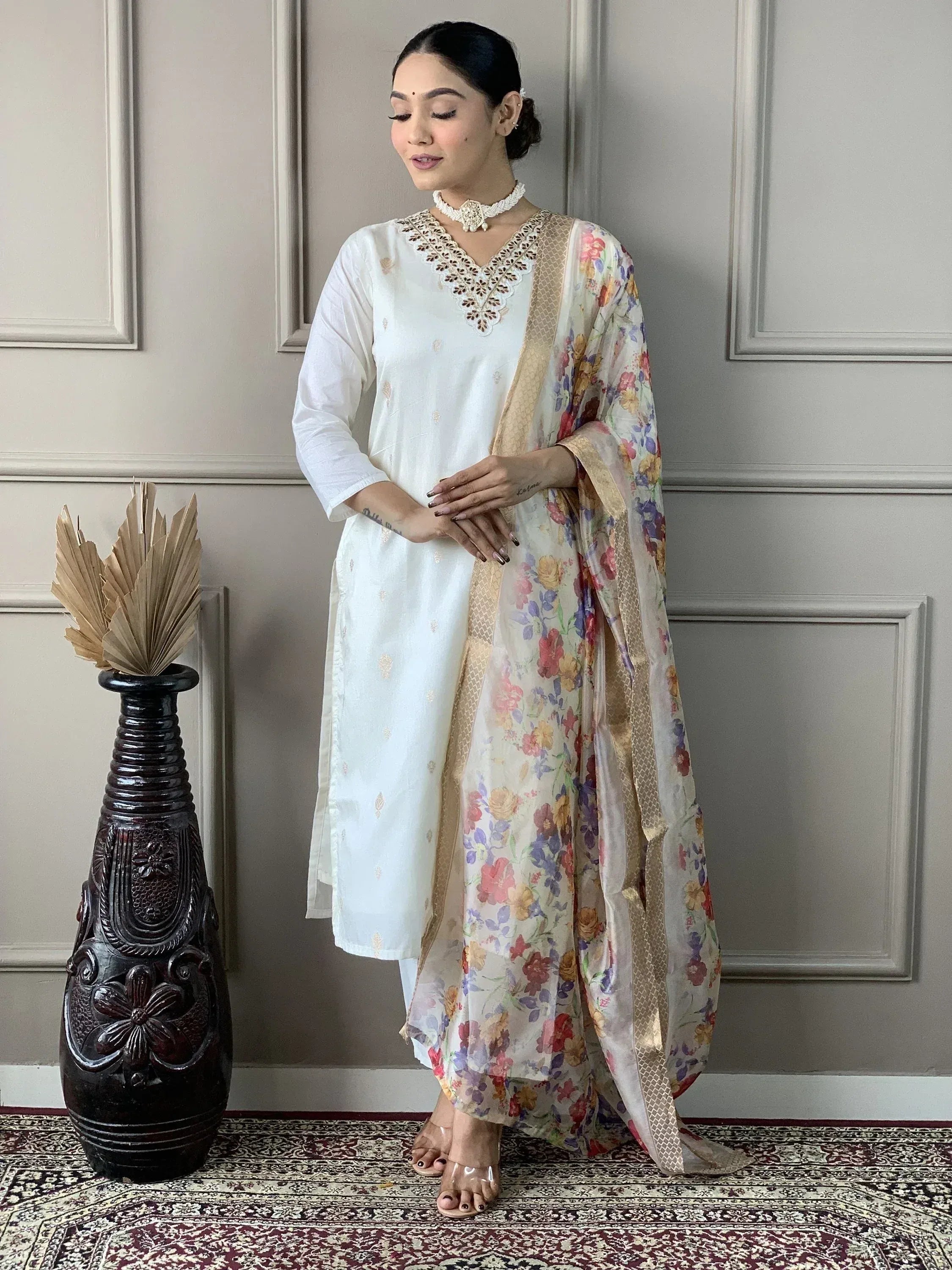 White embroidered kurta with floral dupatta, Indian ethnic wear for women