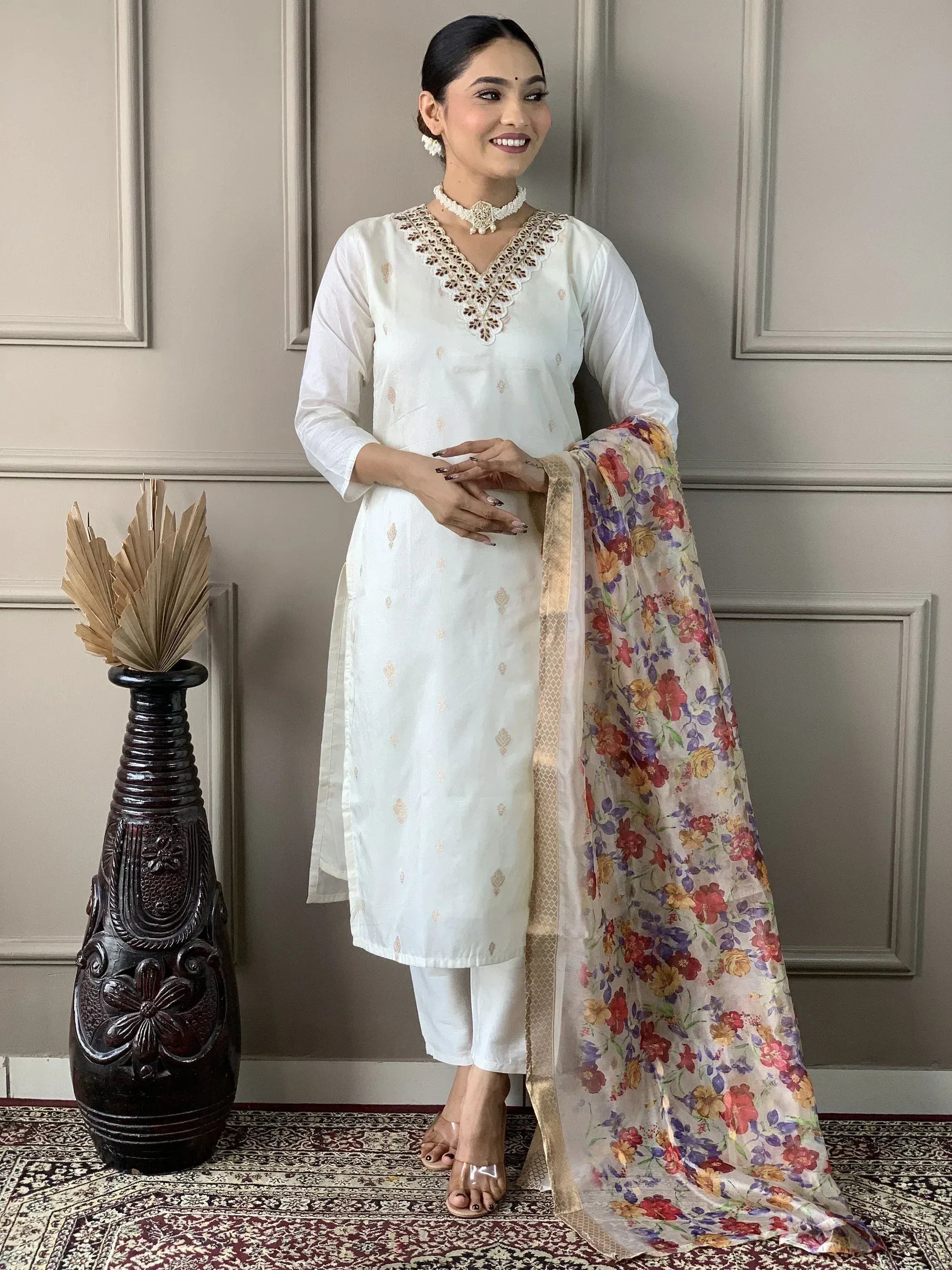White embroidered kurta with floral dupatta, Indian ethnic wear for women